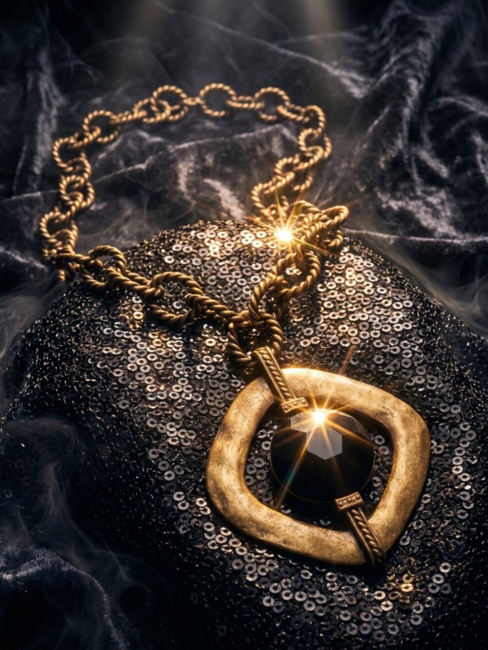 Chunky Black Glass & Brass Gold Tone Statement Necklace Adjustable 16”-20”